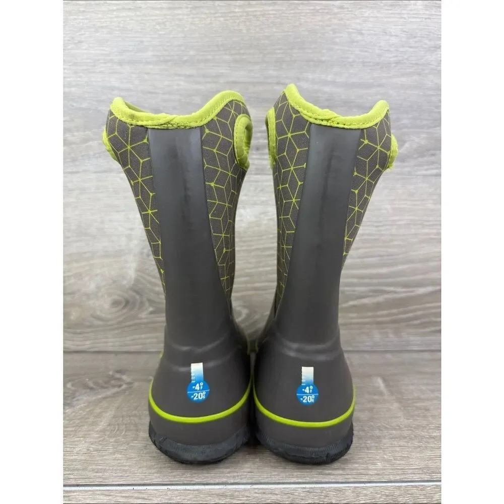 Bogs Waterproof-4f Slushie Web Geometric  Little Boy Sz 13 Gray Green Rain Boots